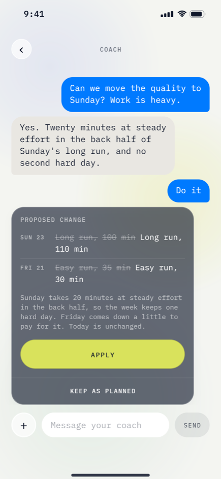 A conversation with the coach, ending in a proposed change to the week