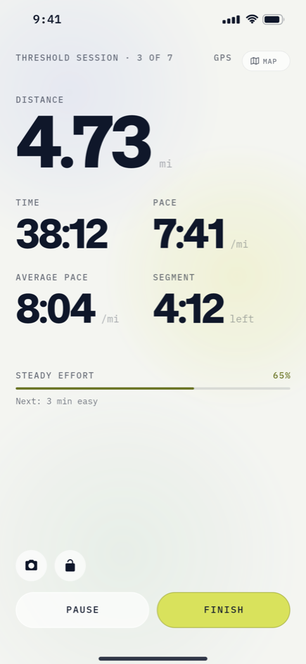 A run tracking live: distance, pace, splits and effort guidance
